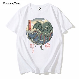 คอตต้อนคอกลมเสื้อยืด คอกลม พิมพ์ลาย Cthulhu Ukiyo-e สไตล์ญี่ปุ่น สําหรับผู้ชาย และผู้หญิงS-5XL