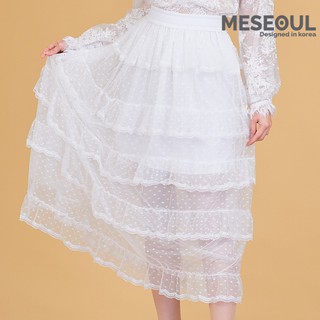 MESEOUL - กระโปรงยาวลายจุดแต่งระบายชั้นๆ