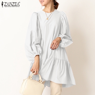 Zanzea แฟชั่นสตรีเสื้อเชิ้ตทรงเอแขนพัฟสีพื้น