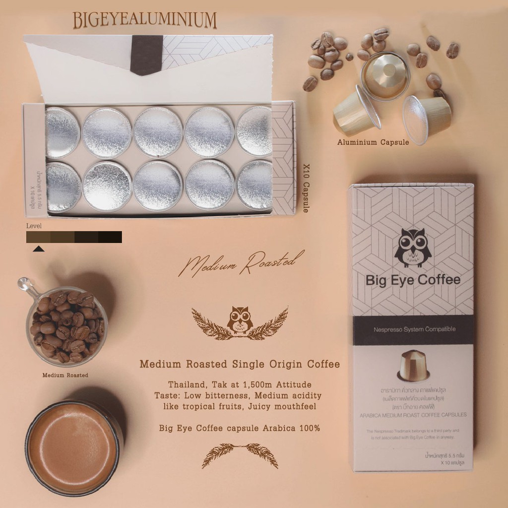 SET 60 แคปซูล กาแฟแคปซูลอะลูมิเนียม Bigeye ระบบ Nespresso คละรสเข้มและกลาง