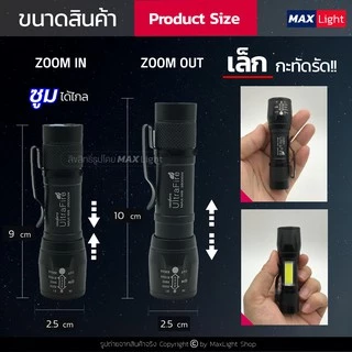 MaxLight ไฟฉาย สว่าง (พร้อมซองเกรดA) รุ่น W8 สว่าง 3 ระดับปรับ Zoom ได้ มีไฟหน้าและไฟข้าง ชาร์จ USB พกพาง่าย ไฟฉุกเฉิน
