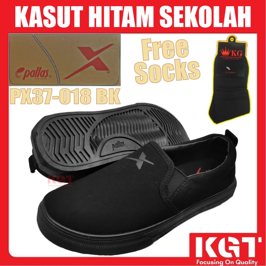 ฟรีถุงเท้า PALLAS BLACK SCHOOL รองเท้า PX37-018 BK KASUT HITAM SARUNG SEKOLAH PALLAS SLIP-ON DESIGN