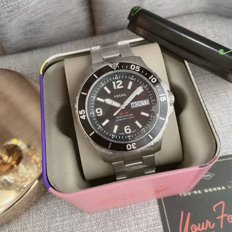 🎀 (สด-ผ่อน) นาฬิกาฟอสซิล สายสีเงิน หน้าปัดดำ FS5687 FOSSIL Chronograph Quartz Green Dial Men's Watch 48 มิล