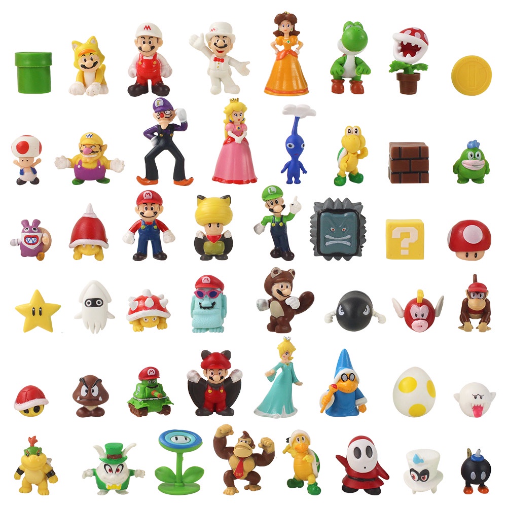 48 ชิ้น/เซ็ตเกม Super Mario Bros Luigi Mario Yoshi Peach Daisy Donkey kong Wario Waluigi คางคกบิลเห็ดสีแดง Power Star PVC ตัวเลขการกระทําตุ๊กตาของเล่น