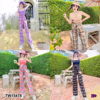 ⭐️💗ชุดเที่ยว Set 2 ชิ้น  เสื้อครอปกล้ามผ้าคอตตอนสีพื้นปักโลโก้ มาพร้อมกางเกงขายาวลายสด็อต