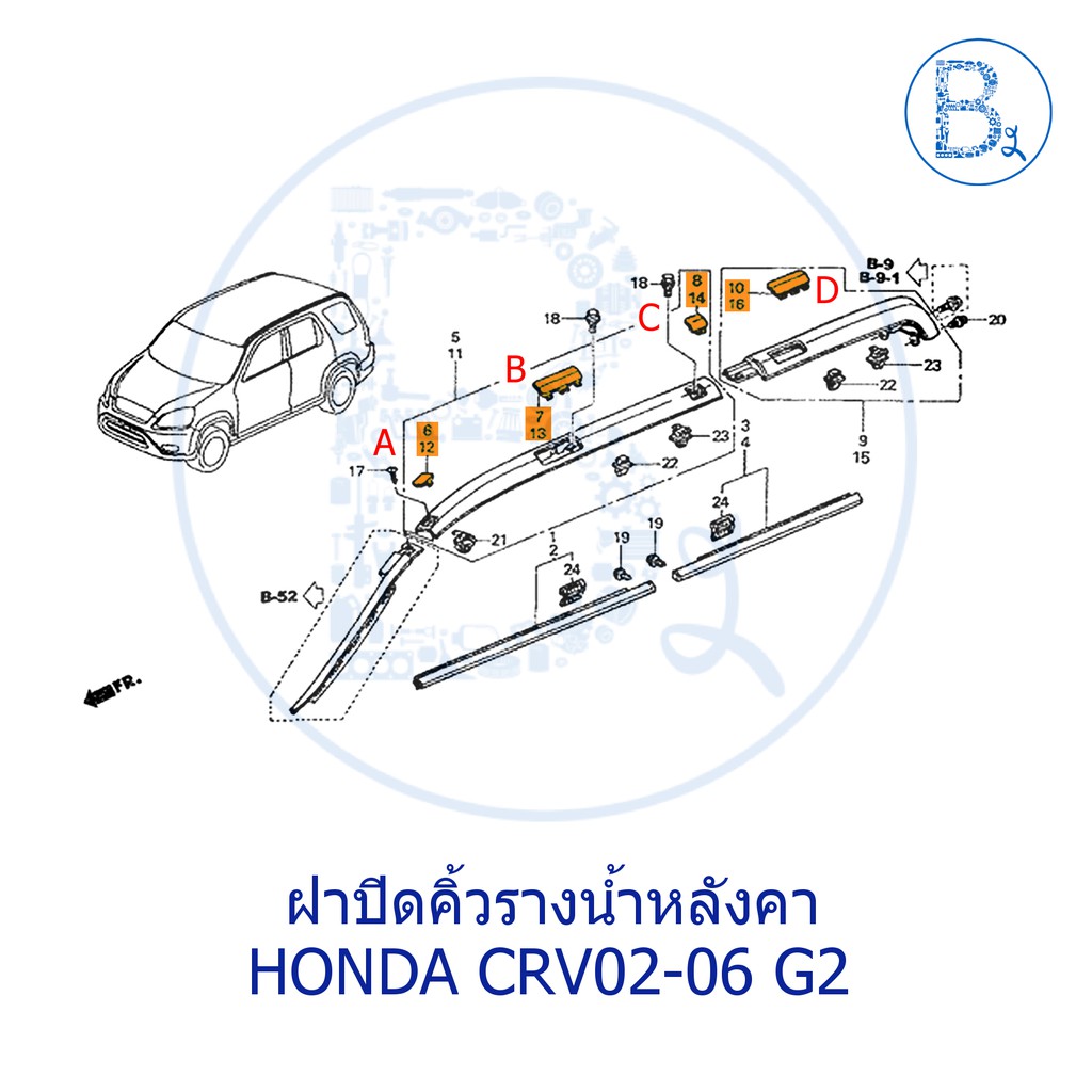 BX608 **อะไหล่แท้** ฝาปิดคิ้วรางน้ำหลังคา HONDA CRV02-06 G2