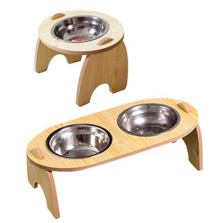 YYS Raised Cat Food Water Bowl Wood Frame Slanted Pet Feeding Stainless Steel Food