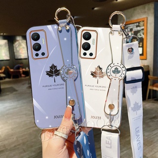 เคสโทรศัพท์มือถือ  Infinix Hot 12i 12 Play Softcase Smartphone Casing White Pink Phone Case with Wristband + Neck Rope Strap Maple Leaf Printing Back Cover Hot12 Hot12i Hot12Play