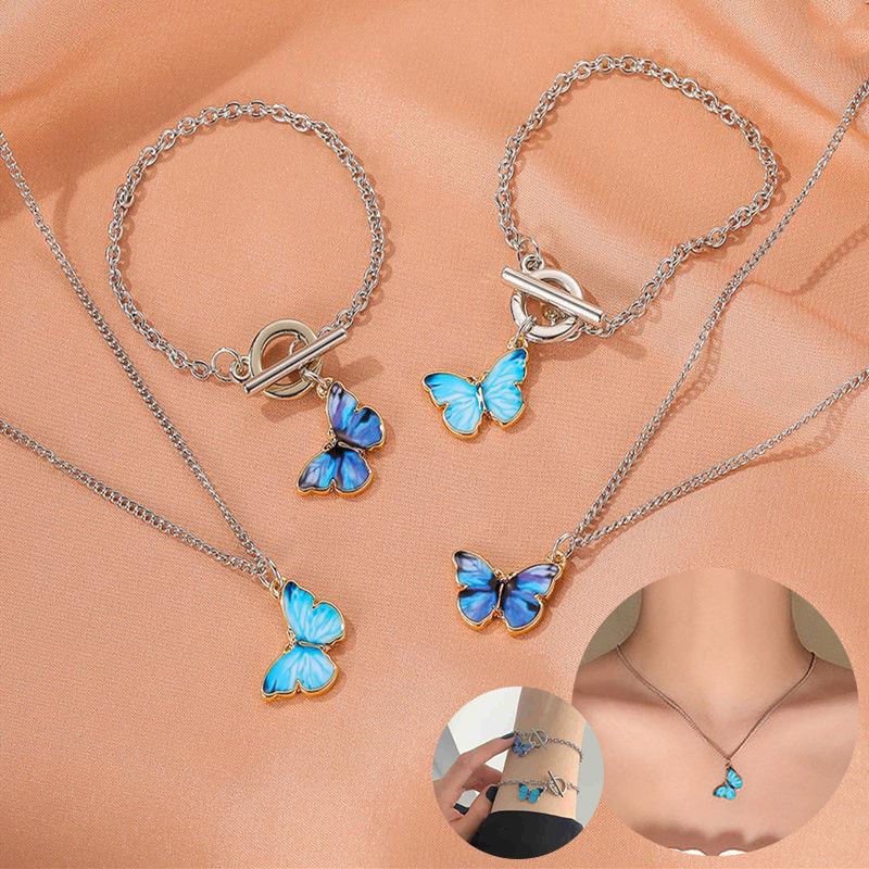 Fashion สร้อยแฟชั่น Blue Butterfly มีทั้ง สร้อยคอ กำไล ผีเสื้อ อะไหล่เงิน พร้อมส่งจากไทย Q-88