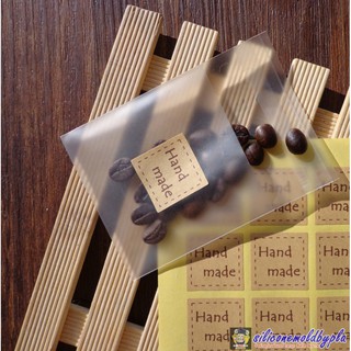 สติ๊กเกอร์ สติ๊กเกอร์ติดถุงขนมหรืออื่นๆ ลาย Hand made สี่เหลี่ยม ตัวหนังสือสีน้ำตาล 12 ดวง/แผ่น