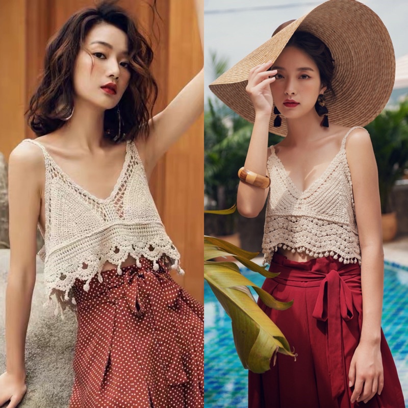 สายเดี่ยวถักไหมพรม สายเดี่ยวครอปถักลูกไม้ เสื้อโชว์หลัง ชุดไปทะเล
