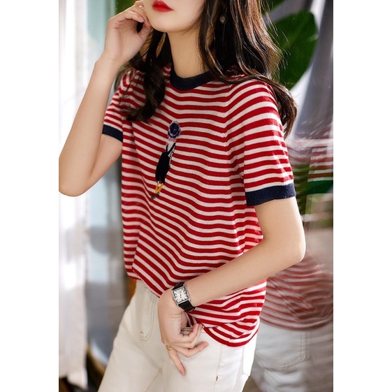 เสื้อไหมพรม ลายทาง ตกแต่งการ์ตูนน่ารัก แขนสั้น สไตล์เกาหลี น่ารักๆ ...