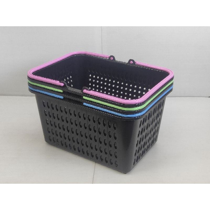 ตะกร้าช้อปปิ้ง แม่บ้าน ใส่ของ ซุปเปอร์มาร์เก็ต อเนกประสงค์ มีหูหิ้วสีตัวดำ หลากหลายสีสัน รูปทรงสี่เหลี่ยม