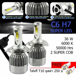 ไฟหน้า Led ขั้ว H7 Cob 36w C6 แสงสีขาว SUPER BRIGHT 6000 K แถมฟรี ไฟหรี่ มูลค่า 250บาท 1 คู่ #94