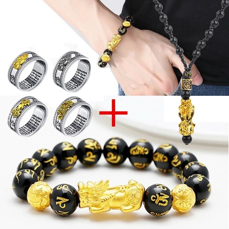 Feng Shui Pi Xiu สร้อยข้อมือ ลูกปัดหินออบซิเดียน สีดํา นําโชค ของขวัญ สําหรับผู้ชาย ผู้หญิง