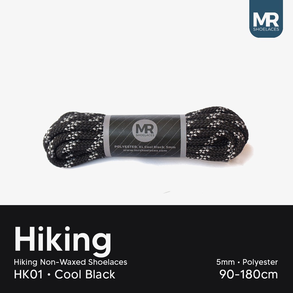 Hitam Mr Shoelaces HK01 Cool Black (สีดํา) Motif เชือกผูกรองเท้าเดินป่า 4-5 มม.90 ซม.100 ซม.120 ซม.130 ซม.150 ซม.180 ซม.200 ซม.