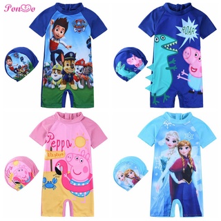 2-12Yrs Kids Cartoon Swimsuit Peppa Pig Frozen Spiderman Swimming Suits with Hat for Boy and Girl