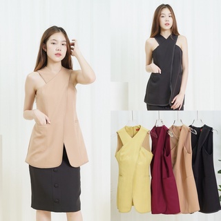 เสื้อแขนกุดไขว้หน้าแต่งขอบเดือนด้ายคู่  (Dress Purpose)  DT009