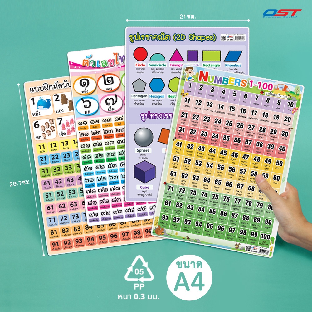 แผ่นความรู้พลาสติก ขนาด A4 (แบบฝึกหัดนับเลข 1-100 , ตัวเลขไทย ตัวเลขจีน รูปร่าง-รูปทรง) หนา 0.3 มม.