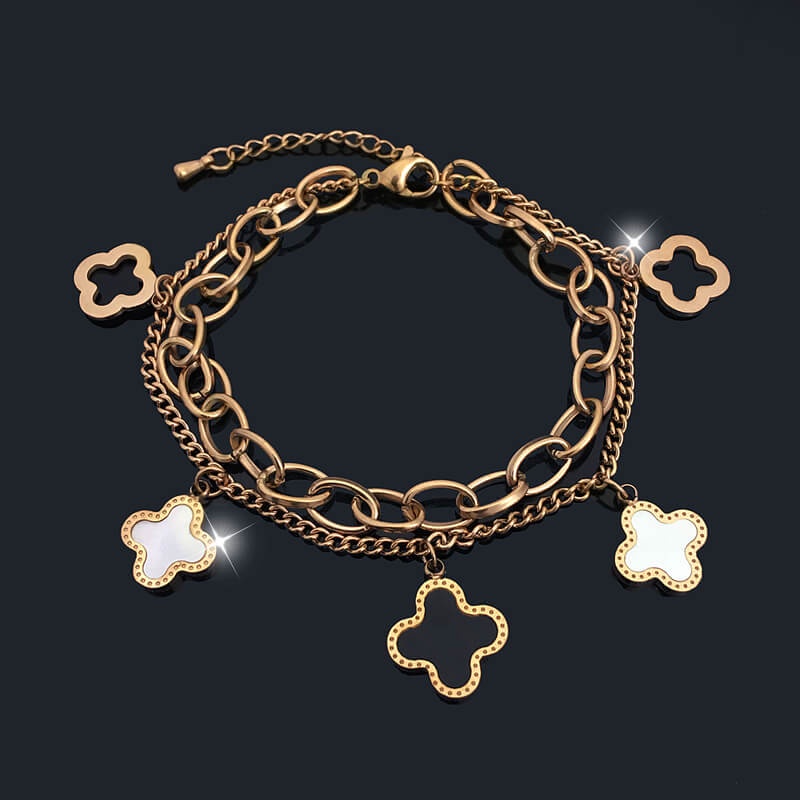 สร้อยข้อมือ ใบโคลเวอร์ เรียบง่าย สําหรับผู้หญิง | สร้อยข้อมือไทเทเนียมทอง 18k แบบสองชั้น