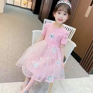 ชุดเดรสกระโปรง ผ้าฝ้าย ปักเลื่อม ลายเจ้าหญิงเอลซ่า แอนนา สําหรับเด็กผู้หญิง