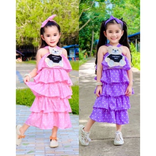 เดรสขนมชั้นลายจุดแต่งน้องหมี แฟชั่นเด็กพร้อมส่ง