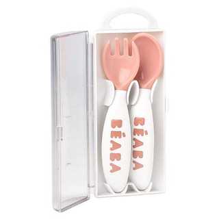 BEABA ช้อนส้อมพร้อมกล่อง 2nd age training fork and spoon (storage case included) - VINTAGE PINK