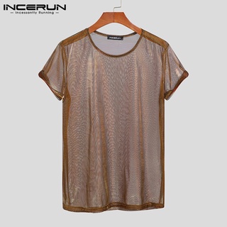 Incerun เสื้อแขนสั้น คอกลม ผ้าซีทรู สีพื้น เซ็กซี่ สำหรับผู้ชาย