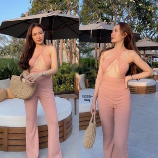 TW15292 Jumpsuit จั้มสูทขายาว ขาม้านิดๆ ใส่แบบส่วมขึ้นเลยค้า ตัวเสื้อ ไขว้กันผูกคอเอง เนื้อผ้าร่องคอตตอน เอวยืด พร้อมส่ง