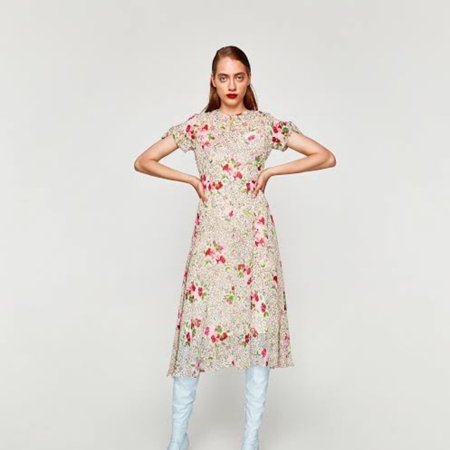 ZARA Ecru Star Flower Midi Dress