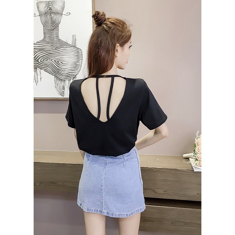 Korean🧧 เสื้อยืดแฟชั่น คอกลมแขนสั้น แต่งผ่าหลัง แต่งสองสาย เซ็กซี่ๆ