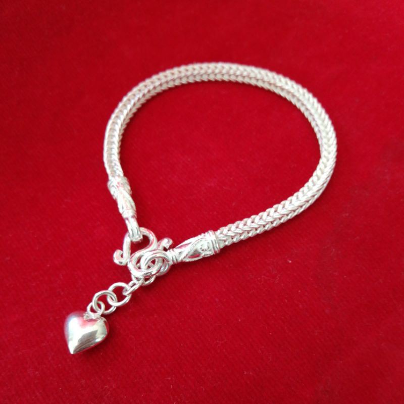 สร้อยข้อมือเงินแท้ 92.5% ลายสี่เสา 3 มิล หัวจรวด+หัวใจ(เพิ่มความยาวครึ่งนิ้วจากที่วัดได้)​