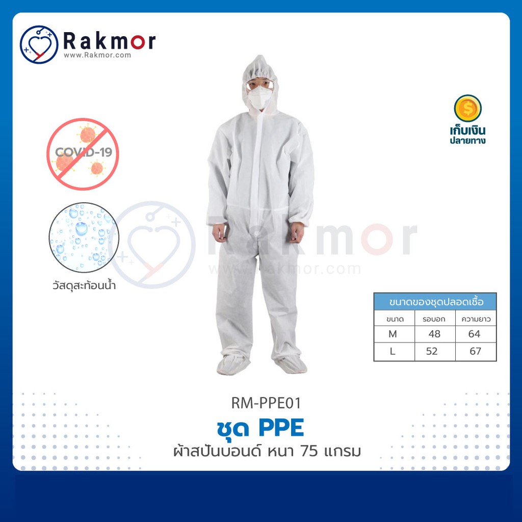 💥พร้อมส่ง💥 ชุด PPE ป้องกันเชื้อโรค และสารเคมี หนา 75 แกรม สีขาว ไซต์ L กันน้ำ
