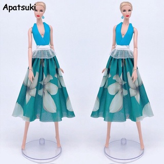 Turquoise Kids Toy Fashion Doll Clothes For Barbie Doll Dress Outfits Vest Top &amp; Countryside Floral Midi Skirt Doll Accessories