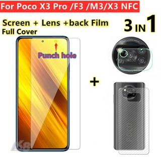 ป้องกันหน้าจอPoco X3 Pro Tempered Glass Screen Protector Poco X3 GT M3 Pro 5G F3 Redmi Note 9S 9 Pro 5G Note 8 Pro 3 In 1 Full Cover Carbon Fiber Back Film Lens Protector Poco X3 NFC