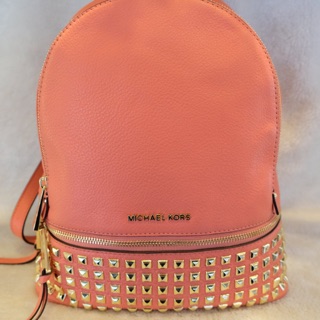 Michael Kors Rhea Zip Studded Backpack Coral Bag Handbag Leather