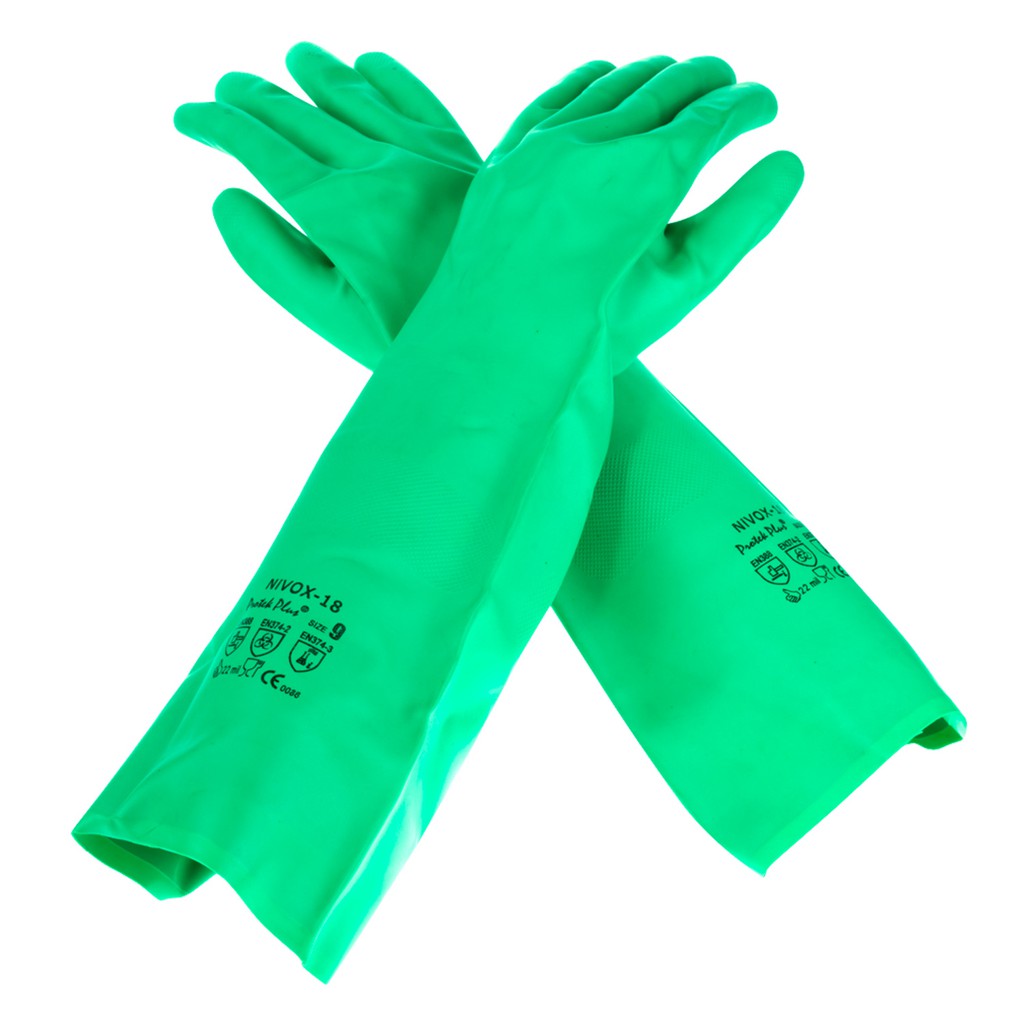 NIVOX-18 INCHES ถุงมือยางไนไตรล์เขียว ยาว 18 นิ้ว หนา 22 มิล (0.56 มม.) ไร้รอยต่อ กันสารเคมีรุนแรง