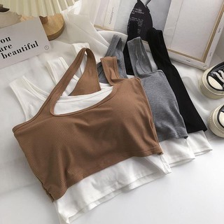 เสื้อคลุม✿color-blocking fake two-piece sleeveless sling with chest pads for women s summer ใหม่ slimming และขนาดเล็กรวบ