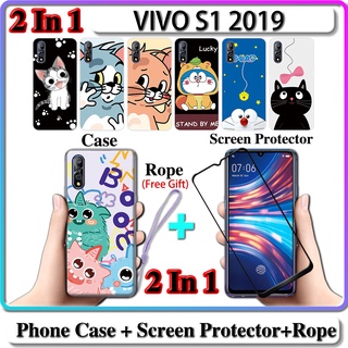 2 IN 1 เคส VIVO S1 2019 เคส พร้อมกระจกนิรภัยโค้ง ป้องกันหน้าจอ เซรามิค ลายแมว และโดราเอมอน