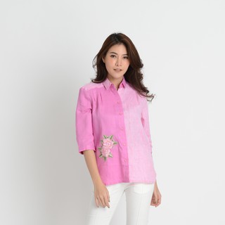 C&amp;D Linen Blouse เสื้อเชิ๊ตซีแอนด์ดี เสื้อเชิ๊ตมีปก แขนยาวสามส่วน ผ้าลินินพรีเมี่ยม สีชมพู (CQ2FLP)