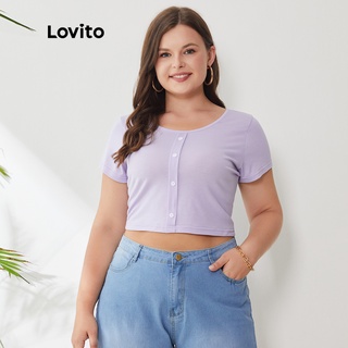 Lovito Plus Size Curve เสื้อครอปท็อปลําลอง คอกลม แต่งกระดุม ยืดหยุ่นสูง พลัสไซซ์ LPS01003 (สีม่วง)