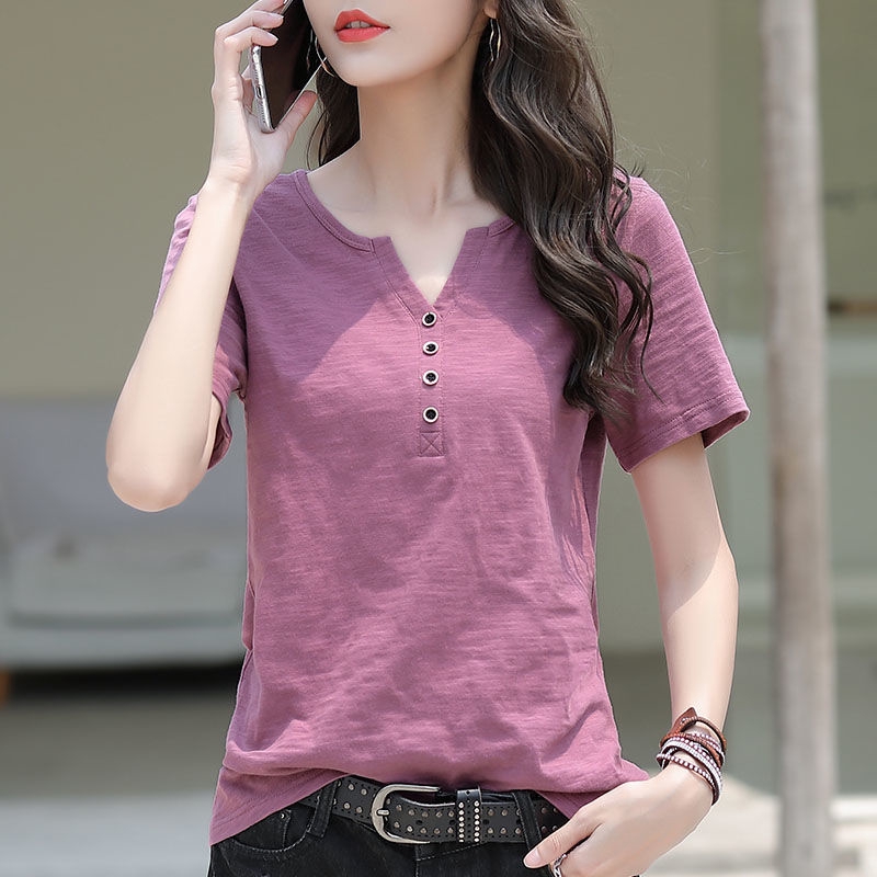 เสื้อยืด แขนชั้น ชนิดผ้าฝ้าย ทรงหลวม ขนาดใหญ่ คอวี แฟชั่นฤดูร้อน สำหรับสตรี