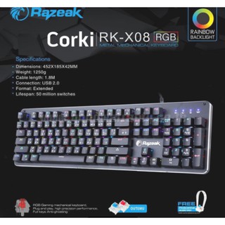 คีย์บอร์ดสำหรับเล่นเกมส์ RK-X08 RAZEAK CORKI Blue OR RED Mechanical Gaming