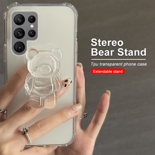 For Samsung Galaxy S22 Ultra Case Cute Cartoon Bear Clear Silicone Cover Samung S22 Plus S22 5G Holder Stand Protect