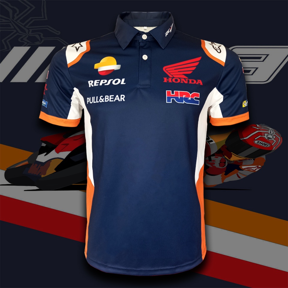 เสื้อPolo Moto GP ทีม Repsol-Honda เสื้อโปโล โมโตจีพี เรพโซล ฮอนด้า #MG0080 รุ่น Marc Marquez พิมพ์ทั้งตัว ไซส์ S-5XL