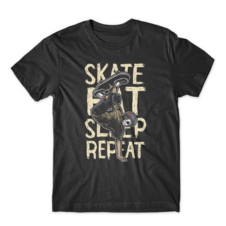 คอลูกเรือเสื้อยืดคอกลมเสื้อยืด ผ้าฝ้าย 100% พิมพ์ลาย Skate Eat Sleep Repeat สวมใส่สบาย พรีเมี่ยมผ้าฝ้ายแท้