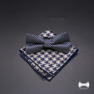 เซ็ทหูกระต่ายน้ำเงินลายจุด + ผ้าเช็ดหน้าสูทวูล-Blue Bowtie + Wool Pocket square