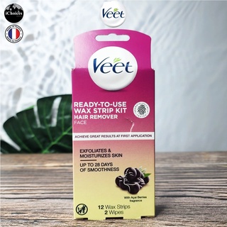 [Veet] Ready-to-Use Wax Strip Kit Face 12 Wax Strips 2 Wipes วีท แผ่นแว็กซ์กำจัดขนบนใบหน้า