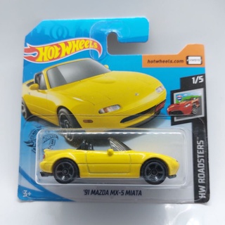 รถเหล็ก Hotwheels 91 MAZDA MX-5 MIATA สีเหลือง แพคสั้น (ib025)oh