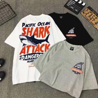 เสื้อยืดหลวมแขนสั้น ฮิปฮอป shark เสื้อยืด ญี่ปุ่น ปลาฉลาม เสื้อ  สําหรับคู่รัก